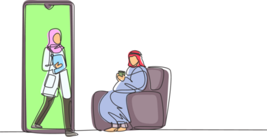 Continuous one line drawing Arabian male patient sitting curled up on sofa, using blanket, holding mug and there is female doctor walking out of smartphone, holding clipboard. Single line draw design png