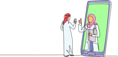 Single continuous line drawing Arab male patient holding smartphone standing facing giant smartphone and consulting female doctor. Doctor online. Dynamic one line graphic design illustration png