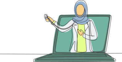 Continuous one line drawing hijab female doctor comes out of laptop screen holding stethoscope. Online medical services, medical consultation. Single line draw design graphic illustration png