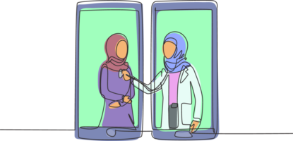 Single continuous line drawing two smartphones facing each other with hijab female doctor checking heart rate of female patient using stethoscope. One line draw graphic design illustration png