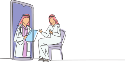 Single continuous line drawing Arabian male doctor holding clipboard checking condition of male patient sitting on chair. Online consultation. Dynamic one line draw graphic design illustration png