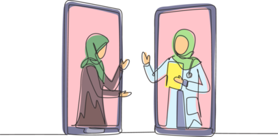 un'unica linea continua che disegna due smartphone uno di fronte all'altro e contiene la paziente hijab e la dottoressa hijab con i loro corpi come se uscissero da uno smartphone. disegno grafico con una linea di disegno png