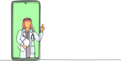 doorlopend een lijn tekening Arabisch mannetje dokter komt uit van smartphone scherm Holding klembord. online medisch Diensten, medisch overleg. single lijn trek ontwerp grafisch illustratie png