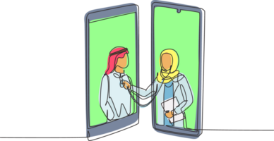 continuo uno linea disegno Due smartphone di fronte ogni altro con hijab femmina medico controllo cuore Vota di arabo maschio paziente utilizzando stetoscopio. singolo linea disegnare design grafico illustrazione png