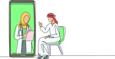 Single one line drawing hijab female doctor holding clipboard checking condition of Arabian male patient sitting on chair. Online consultation. Continuous line draw design graphic illustration png