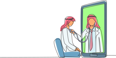 single een lijn tekening Arabisch mannetje dokter komt uit van smartphone scherm en cheques mannetje patiënten hart tarief gebruik makend van stethoscoop zittend Aan stoel. doorlopend lijn trek ontwerp grafisch illustratie png