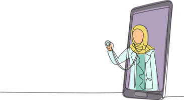 Single one line drawing hijab female doctor comes out of smartphone screen holding stethoscope. Online medical services, medical consultation. Continuous line draw design graphic illustration png