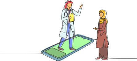 singolo continuo linea disegno arabo maschio medico in piedi su smartphone, nel davanti di il suo in piedi hijab femmina paziente. in linea medico Servizi. dinamico uno linea disegnare grafico design illustrazione png