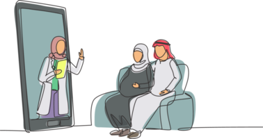 Continuous one line drawing hijab female doctor comes out from smartphone screen facing patient and gives consultation to patient young couple with pregnant wife. Single line design graphic png