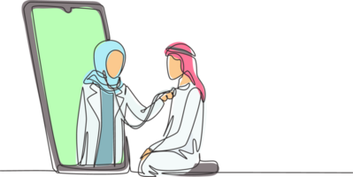 Single continuous line drawing hijab female doctor comes out of smartphone screen and checks male patient's heart rate using stethoscope sitting on chair. One line graphic design illustration png