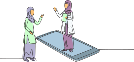 Single one line drawing hijab female doctor standing on smartphone, in front of her standing female patient. Online medical services. Modern continuous line draw design graphic illustration png