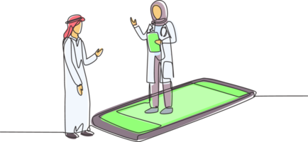 solteiro 1 linha desenhando hijab fêmea médico em pé em Smartphone, dentro frente do dela em pé árabe masculino paciente. conectados médico Serviços. moderno contínuo linha desenhar Projeto gráfico ilustração png