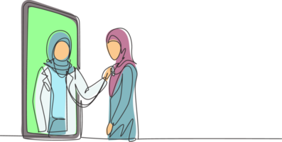 single doorlopend lijn tekening hijab vrouw dokter komt uit van smartphone scherm en cheques vrouw patiënten hart tarief gebruik makend van een stethoscoop. dynamisch een lijn trek grafisch ontwerp illustratie png