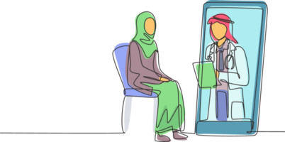 Single one line drawing Arabian male doctor holding clipboard checking condition of female patient sitting on chair. Online consultation. Modern continuous line draw design graphic illustration png