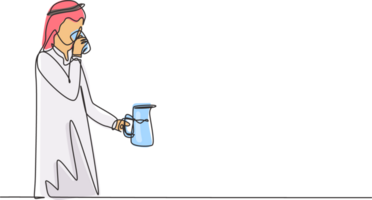 Single one line drawing Arabic man drinking holding glass in right hand and jug in left hand to quench thirst after activity. Enjoy life. Modern continuous line draw design graphic illustration png