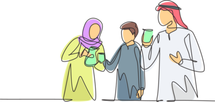 Célibataire continu ligne dessin Jeune arabe famille célébrer unité et vacances par en buvant chaud thé. relaxant et rafraîchir moment dans vie. dynamique un ligne dessiner graphique conception illustration png