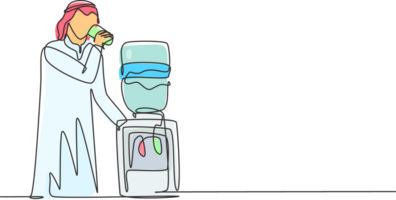 Single continuous line drawing young Arabian man drinking fresh water in glass while standing next to water dispenser filled with gallons of water. One line draw graphic design illustration png