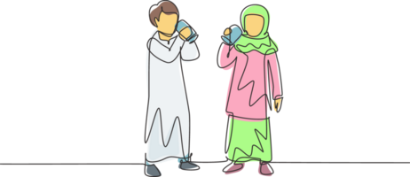 soltero continuo línea dibujo par de árabe Niños y muchachas en pie mientras disfrutando vaso de Fresco Leche para crecimiento y cumplimiento de cuerpo nutrición. uno línea dibujar gráfico diseño ilustración png