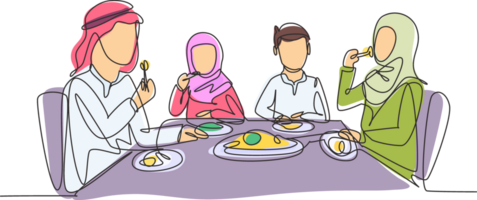 enda ett linje teckning diner arab föräldrar och barn tillsammans. familj har måltid runt om kök tabell. Lycklig pappa, mamma och barn äter. kontinuerlig linje dra design grafisk illustration png