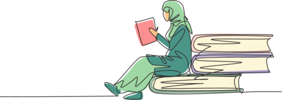 kontinuierlich einer Linie Zeichnung jung arabisch weiblich Lektüre, Lernen und Sitzung auf groß Bücher. Studie beim heim. Clever Student, Bildung Konzept, gerecht. Single Linie zeichnen Design Grafik Illustration png