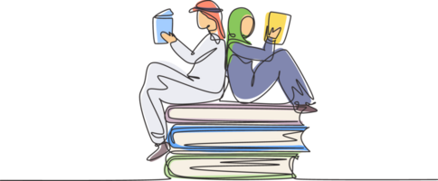 Single one line drawing Arabian students woman and man reading, learning and sitting on big books. Study in library. Literature fans or lovers. Continuous line draw design graphic illustration png