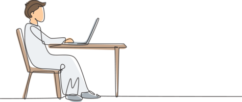 soltero uno línea dibujo árabe chico con ordenador portátil sentado en silla alrededor escritorio. distancia aprendiendo, en línea cursos, y estudiando concepto. moderno continuo línea dibujar diseño gráfico ilustración png