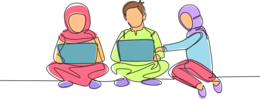 Single continuous line drawing three Arabian students studying with laptop and sitting on the floor together. Back to school, online education concept. One line draw graphic design illustration png