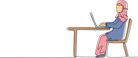 single een lijn tekening Arabisch meisje met laptop zittend Aan stoel in de omgeving van bureau. afstand aan het leren, online cursussen, en aan het studeren concept. modern doorlopend lijn trek ontwerp grafisch illustratie png