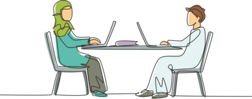 Single continuous line drawing Arabian boy and girl students studying with laptop and sitting on chairs around desk. Back to school, online education. One line draw graphic design illustration png