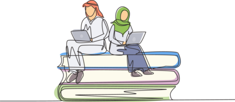 Single continuous line drawing Arabian couple with laptop sitting on pile of books together. Freelance, distance learning, online courses, studying. One line draw graphic design illustration png