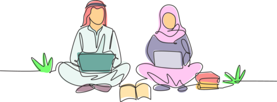 Single one line drawing Arabian couple with laptop sitting at the park together. Freelance, distance learning, online courses, studying concept. Continuous line draw design graphic illustration png