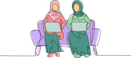 Single one line drawing two Arab woman with laptop sitting on sofa together. Freelance, distance learning, online courses, and studying. Modern continuous line draw design graphic illustration png