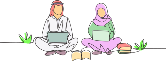 solteiro 1 linha desenhando árabe casal com computador portátil sentado às a parque junto. freelance, distância aprendizado, conectados cursos, estudando conceito. contínuo linha desenhar Projeto gráfico ilustração png