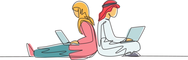 Single continuous line drawing Arabian couple with laptop sitting and lean on each other. Freelance, distance learning, online courses, and studying. One line draw graphic design illustration png