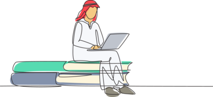 Continuous one line drawing young Arabian man studying with laptop and sitting on big book. Back to school, intelligent student, online education. Single line draw design graphic illustration png