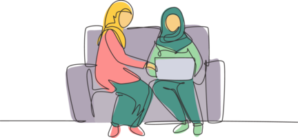 Single continuous line drawing two Arab woman with laptop sitting on sofa together. Freelance, distance learning, online courses, and studying. Dynamic one line draw graphic design illustration png