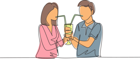 Single continuous line drawing young couple drinking using straws and big glasses together. Celebrate anniversaries and enjoy romantic dinner. Dynamic one line draw graphic design illustration png