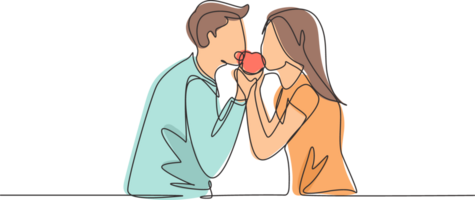 Célibataire un ligne dessin Jeune magnifique couple partage Pomme. célébrer mariage anniversaires et prendre plaisir romantique le déjeuner à restaurant. moderne continu ligne dessiner conception graphique illustration png