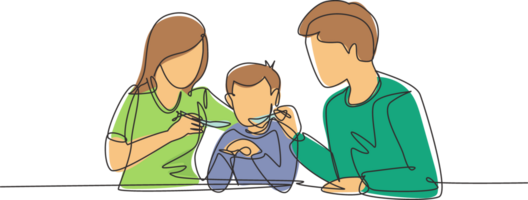 Single one line drawing young family having fun together in restaurant. Parents feeds they boy with love. Happy little family concept. Modern continuous line draw design graphic illustration png