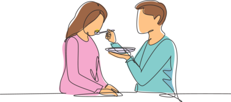 kontinuerlig ett linje teckning romantisk manlig matar hans fru. Lycklig ung par har middag tillsammans på restaurang. fira bröllop årsdagar. enda linje dra design grafisk illustration png