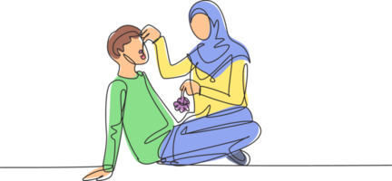 Célibataire un ligne dessin romantique arabe couple ayant pique-nique dans parc. relaxant ensemble séance sur le sol et femmes alimentation les raisins à Hommes. continu ligne dessiner conception graphique illustration png