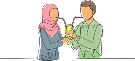 Single continuous line drawing young Arabian couple drinking using straws and big glasses together. Celebrate anniversaries and enjoy romantic dinner. One line draw graphic design illustration png