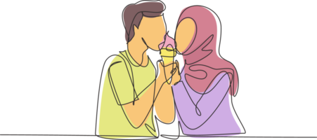 Single one line drawing young Arabian couple sharing ice cream cone. Celebrate anniversaries and enjoy romantic lunch at restaurant. Modern continuous line draw design graphic illustration png