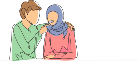 Célibataire un ligne dessin romantique arabe homme alimente le sien épouse. content Jeune couple dîner ensemble à restaurant. célébrer mariage anniversaires. continu ligne dessiner conception graphique illustration png