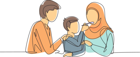 Single one line drawing Arabian family having fun together in modern restaurant. Boy feeds his mother with love. Happy little family concept. Continuous line draw design graphic illustration png