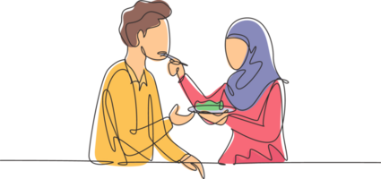 continuo uno línea dibujo romántico árabe mujer alimenta su marido. contento Pareja cena juntos a restaurante. celebrar Boda aniversarios soltero línea dibujar diseño gráfico ilustración png