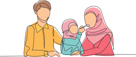 Single continuous line drawing Arab family having fun together in modern restaurant. Daughter feeds her mother with love. Happy little family concept. One line draw graphic design illustration png
