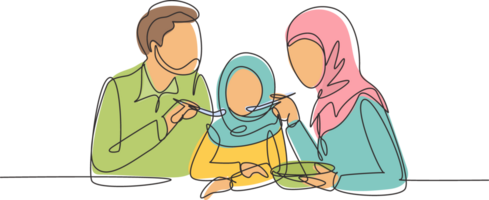 Single continuous line drawing Arabian family having fun together in restaurant. Parents feeds they daughter with love. Happy little family concept. One line draw graphic design illustration png