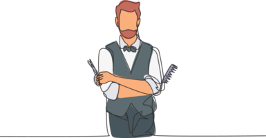 Continuous one line drawing empty place of virile harsh barber having his arms crossed, holding equipment in hand. Professional barber concept. Single line draw design graphic illustration png