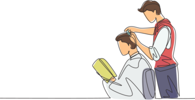 Single continuous line drawing barber shop client, which is getting his perfect haircut from a classy dressed stylist, reading the magazine and waiting for result. Dynamic one line draw graphic design png